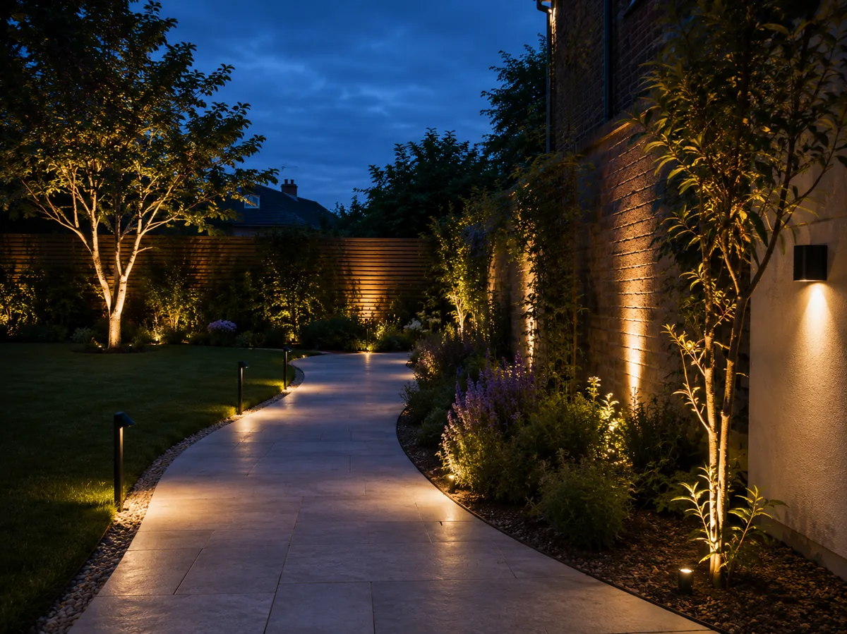 Garden lighting installation at dusk